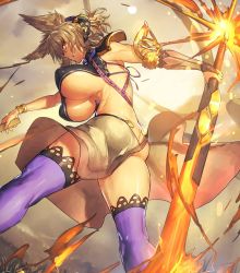 Rule 34 | 1girl, adapted costume, alternate breast size, ass, bracelet, breasts, brown hair, brown skirt, earmuffs, from side, holding, holding sword, holding weapon, jewelry, large breasts, looking at viewer, melon22, parted lips, pointy hair, profile, purple thighhighs, revealing clothes, ritual baton, shiny skin, short hair, sideways glance, sideways mouth, skirt, smile, solo, sword, thighhighs, touhou, toyosatomimi no miko, underboob, weapon, yellow eyes