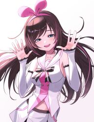Rule 34 | aqua eyes, bow, breasts, brown hair, buttons, collarbone, cowboy shot, detached sleeves, double-breasted, hair bow, hands up, highres, idol, kizuna ai, kizuna ai inc., lace trim, long hair, looking at viewer, medium breasts, midriff peek, miniskirt, multicolored hair, multiple girls, navel, open mouth, sailor collar, shimizu tomoki, sideboob, simple background, skirt, sleeves past wrists, smile, streaked hair, swept bangs, virtual youtuber, white background