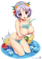 Rule 34 | 1girl, banana, barefoot, between breasts, blush, breast hold, breasts, bust cup, cherry, cherry blossoms, cleavage, cream, drinking straw, female focus, flower, food, food-themed hair ornament, fruit, hair flower, hair ornament, hairband, heart, heart of string, highres, ice, ice cube, kiwi (fruit), koutaro, large breasts, navel, nipples, non-web source, nude, open mouth, orange (fruit), oversized object, pineapple, purple eyes, purple hair, short hair, sitting, solo, sweat, sweatdrop, wakamezake, water