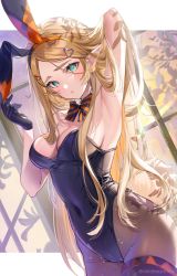 Rule 34 | 1girl, black leotard, blonde hair, bowtie, breasts, cleavage, covered navel, detached collar, highres, leotard, long hair, looking at viewer, medium breasts, nintendo, playboy bunny, pointy ears, princess zelda, shuri (84k), solo, striped bow, striped bowtie, striped clothes, the legend of zelda, the legend of zelda: breath of the wild