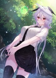 Rule 34 | 1girl, 88 (einnimnech), :t, absurdres, ahoge, black necktie, black skirt, black thighhighs, breasts, closed mouth, commentary request, forest, grey hair, hair between eyes, head wings, highres, large breasts, long hair, nature, necktie, original, outdoors, pout, red eyes, shirt, short sleeves, skirt, solo, standing, thighhighs, water, wet, wet clothes, wet hair, wet shirt, wet skirt, white shirt, wings, zettai ryouiki