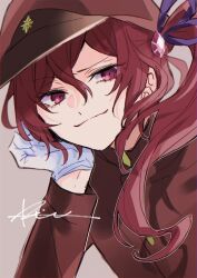Rule 34 | 1girl, arms up, blush, bungou stray dogs, gloves, green hat, green shirt, hat, long hair, military, military hat, military uniform, okura teruko, red eyes, red hair, shirt, smile, uniform, very long hair, white gloves
