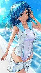 Rule 34 | 1girl, aigami shion, bare arms, blue eyes, blue hair, blue sailor collar, blue sky, blurry, blurry background, breasts, closed mouth, clothes pull, collarbone, commentary request, competition swimsuit, covered navel, day, earrings, garter-velvet, hand in own hair, highres, jewelry, large breasts, lens flare, long hair, looking at viewer, one-piece swimsuit, open clothes, open shirt, original, outdoors, pleated skirt, pool, poolside, sailor collar, school uniform, serafuku, shirt, skirt, skirt pull, sky, sleeveless, sleeveless shirt, smile, swimsuit, tan, tanline, twitter username, white shirt, white skirt, white one-piece swimsuit