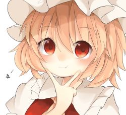 Rule 34 | 1girl, blonde hair, blush, closed mouth, dress, embodiment of scarlet devil, eyes visible through hair, finger to face, flandre scarlet, hair between eyes, hand up, hat, highres, hyaku paasento, looking at viewer, red dress, red eyes, short hair, simple background, smile, solo, touhou, white background, white hat, white sleeves, yellow neckwear