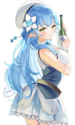 Rule 34 | 1girl, alcohol, bare shoulders, beret, blue bow, blue bowtie, blue dress, blue hair, blue nails, blush, bottle, bow, bowtie, braid, breasts, center frills, closed mouth, commentary request, contrapposto, cowboy shot, dress, flower, french braid, frills, from side, hair flower, hair ornament, half updo, hat, highres, holding, holding bottle, hololive, large breasts, long hair, looking at viewer, nail polish, pointy ears, segawa luna, simple background, sleeveless, sleeveless dress, smile, solo, thighhighs, very long hair, virtual youtuber, white background, white flower, white hat, white thighhighs, yellow eyes, yukihana lamy