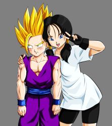 Rule 34 | 1boy, 1girl, absurdres, age difference, black hair, blonde hair, blue eyes, blush, breasts, child, dragon ball, dragonball z, grabbing, highres, long hair, looking at viewer, muscular, open mouth, phobosmarsone, shorts, simple background, smile, son gohan, super saiyan, super saiyan 2, teenage girl and younger boy, time paradox, twintails, v, videl