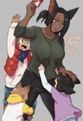 Rule 34 | 2boys, 2girls, agawa ryou, animal ears, arm up, artist name, asymmetrical bangs, black eyes, black hair, black pants, blue pants, breasts, brown hair, clothes pull, collarbone, commentary, dark-skinned female, dark-skinned male, dark skin, dated, denim, english commentary, envelope, fang, feet out of frame, frilled shirt, frilled sleeves, frills, from behind, green shirt, grey background, hair between eyes, hand on another&#039;s head, holding, holding envelope, hood, hood down, hoodie, hugging another&#039;s leg, jacket, jeans, large breasts, layered sleeves, long hair, long sleeves, looking at another, looking down, looking up, medium hair, multicolored clothes, multicolored hoodie, multiple boys, multiple girls, numbered, open mouth, original, pants, parted bangs, pink shirt, ponytail, red vest, shirt, shirt pull, short eyebrows, short hair, simple background, sleeves past elbows, straight hair, thick eyebrows, upper body, v-shaped eyebrows, vest, white hoodie, white jacket, white shirt, yellow hoodie