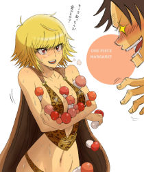 Rule 34 | + +, 1boy, 1girl, amazon warrior, animal print, between breasts, black hair, blonde hair, breasts, breath, cape, character name, cleavage, copyright name, drooling, groin, highres, large breasts, leopard print, marguerite (one piece), monkey d. luffy, mushroom, navel, one piece, open mouth, phallic symbol, plus step, profile, red eyes, sexually suggestive, short hair, simple background, sweat, translated, white background
