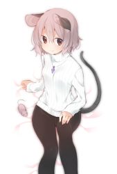 Rule 34 | 1girl, akagashi hagane, animal ears, brown eyes, crotch seam, hand on own knee, light brown hair, long sleeves, mouse (animal), mouse ears, mouse tail, nazrin, on bed, pantyhose, short hair, sitting, sleeves past wrists, smile, solo, sweater, tail, touhou, white sweater