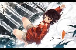 Rule 34 | 10s, 1girl, bad id, bad pixiv id, bare tree, black hair, brown eyes, bush, dutch angle, forest, hair ornament, hairclip, highres, kame^^, kirigaya suguha, letterboxed, looking at viewer, lying, nature, on back, shorts, snow, snowing, snowman, solo, sword art online, tree, unzipped