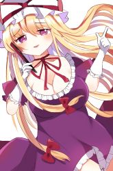 Rule 34 | 1girl, blonde hair, blush, commentary request, eyes visible through hair, hair between eyes, highres, long hair, looking at viewer, open mouth, purple eyes, simple background, smile, solo, standing, touhou, white background, yakumo yukari, zerokosan