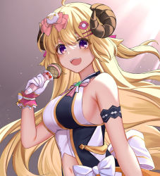 Rule 34 | 1girl, arm strap, blonde hair, bow, breasts, gloves, hair ornament, halterneck, highres, holding, holding microphone, hololive, horns, idol clothes, long hair, medium breasts, microphone, navel, pink bow, purple eyes, sheep hair ornament, sheep horns, sideboob, solo, touri tarou (misconception), tsunomaki watame, virtual youtuber, white gloves, wrist cuffs