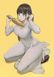 Rule 34 | 1girl, black footwear, blush, breasts, brown hair, cleavage, closed mouth, commentary, corn, corn cob, dress, earrings, food, full body, green eyes, hand in own hair, highres, holding, holding food, jewelry, jun (navigavi), kneeling, large breasts, long hair, long sleeves, original, pants, see-through, shoes, side slit, simple background, solo, sparkling eyes, straight hair, taut clothes, vietnamese dress, white dress, white pants, yellow background
