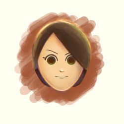 Rule 34 | 1girl, bocchi (bocchi ssb4), brown hair, closed mouth, commentary request, face, forehead, head, highres, looking at viewer, mii (nintendo), mii gunner, nintendo, nose, short hair, simple background, smile, solo, super smash bros., swept bangs, v-shaped eyebrows, white background, yellow eyes