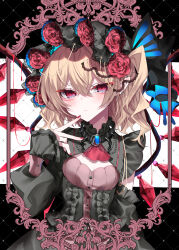 Rule 34 | 1girl, absurdres, black hat, black shirt, black skirt, blonde hair, breasts, buttons, closed mouth, crystal, fingernails, flandre scarlet, hair between eyes, hat, highres, long hair, long sleeves, looking at viewer, mob cap, nail polish, one side up, red eyes, red nails, rori82li, shirt, skirt, small breasts, solo, touhou, wings