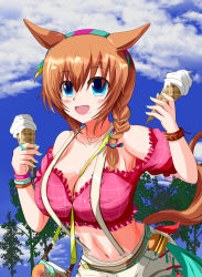 Rule 34 | 1girl, alternate costume, alternate hairstyle, animal ears, blonde hair, blue eyes, blush, breasts, cleavage, cloud, collarbone, commentary request, food, highres, horse ears, horse girl, ice cream, large breasts, midriff, navel, open mouth, shorts, sky, taiki shuttle (bubblegum memories) (umamusume), taiki shuttle (umamusume), tkka, umamusume