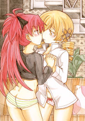 Rule 34 | 10s, 2girls, ass, black shirt, blonde hair, blush, bow, bow panties, breasts, chocolate, cleavage, dimples of venus, drill hair, eye contact, hair ornament, heart, holding hands, interlocked fingers, long hair, long sleeves, looking at another, mahou shoujo madoka magica, mahou shoujo madoka magica (anime), multiple girls, navel, panties, plant, polka dot, polka dot panties, ponytail, red eyes, red hair, sakura kyoko, shirt, standing, striped clothes, striped panties, takeshisu, tomoe mami, traditional media, twin drills, twintails, underwear, very long hair, white shirt, yellow eyes, yuri