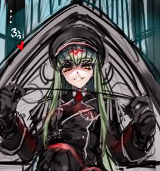 Rule 34 | 1girl, c.c., code geass, creayus, green hair, hat, long hair, looking at viewer, necktie, smile, solo, uniform, whip, yellow eyes