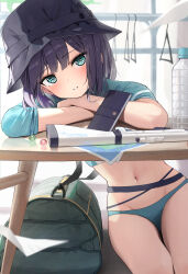 Rule 34 | 1girl, absurdres, bag, bikini, bikini bottom only, black hair, black hat, blue archive, blue bikini, blue eyes, blue jacket, blush, bucket hat, commentary, crop top, cropped jacket, gun, halo, hat, hidulume, highres, indoors, jacket, leaning on table, looking at viewer, multicolored clothes, multicolored jacket, navel, official alternate costume, parted lips, rash guard, saki (blue archive), saki (swimsuit) (blue archive), shadow, short hair, shoulder bag, smile, solo, stomach, swimsuit, table, two-tone jacket, weapon