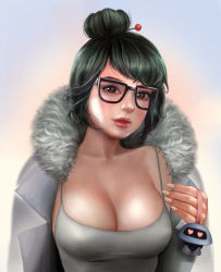 Rule 34 | 1girl, adapted costume, black-framed eyewear, black hair, blue background, breasts, brown eyes, cleavage, coat, collarbone, commentary, drone, fingernails, fur-trimmed jacket, fur coat, fur trim, gradient background, grey shirt, hair ornament, hair stick, heart, holding, jacket, large breasts, lips, looking at viewer, mei (overwatch), no bra, noon nune, nose, overwatch, overwatch 1, parted lips, pink background, shirt, snowflake hair ornament, solo, tank top, toy, upper body