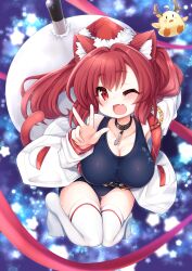 Rule 34 | 1girl, absurdres, animal ears, antlers, azur lane, bird, blue background, blue one-piece swimsuit, breasts, cat ears, cat girl, cat tail, chick, choker, christmas, fake antlers, fang, gradient background, hat, highres, horns, i-19 (azur lane), jacket, kinomiki nobori, large breasts, long hair, looking at viewer, manjuu (azur lane), one-piece swimsuit, one eye closed, open mouth, oppai loli, red hair, reindeer antlers, ribbon, sack, santa hat, school swimsuit, smile, swimsuit, tail, tail ornament, tail ribbon, thighhighs, torpedo, v, white jacket, white thighhighs