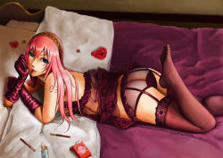 Rule 34 | 1girl, 7/11 (fukuso), ass, back, bad id, bad pixiv id, bare shoulders, bed, blanket, blue eyes, breasts, elbow gloves, eyeshadow, facial mark, female focus, flower, food, food in mouth, from above, garter straps, gloves, hairband, headband, heart, highres, indoors, leg up, legs, lingerie, lips, lipstick, long hair, looking at viewer, lying, makeup, medium breasts, megurine luka, mouth hold, nightgown, number tattoo, on bed, on stomach, panties, pink gloves, pink hair, pink lips, pink thighhighs, pocky, purple gloves, purple thighhighs, red flower, red rose, rose, see-through, smile, solo, strapless, tattoo, thighhighs, underwear, underwear only, uniform, vocaloid