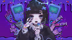 Rule 34 | 1girl, :d, absurdres, bandaged arm, bandages, bandaid, black hair, black sweater, blue nails, bob cut, cross hair ornament, earrings, fangs, game boy, grey eyes, hair ornament, handheld game console, heart, highres, holding, horns, jewelry, long sleeves, multicolored hair, nail polish, open mouth, original, pill hair ornament, purple background, purple hair, ring, short hair, smile, stuffed animal, stuffed toy, sweater, syringe, teddy bear, teeth, tira 27, tongue, two-tone hair