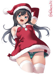 Rule 34 | 1girl, :d, aqua panties, asashio (kancolle), black hair, blue eyes, blush, cropped legs, ebifurya, elbow gloves, gloves, green panties, hair between eyes, hat, highres, kantai collection, long hair, one-hour drawing challenge, open mouth, panties, pom pom (clothes), red gloves, santa costume, santa hat, simple background, smile, solo, thighhighs, twitter username, underwear, white background, white thighhighs