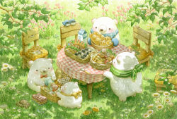 Rule 34 | baguette, bear, bird, black eyes, blush, bow, bowtie, bread, chair, day, food, fork, grass, looking at another, no humans, original, outdoors, painting (medium), picnic, picnic basket, polar bear, red bow, red neckwear, scenery, st.kuma, traditional media, tree, watercolor (medium)