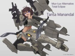 Rule 34 | 1girl, black thighhighs, breasts, brown hair, character name, dark-skinned female, dark skin, detached sleeves, full body, gloves, grey background, hiwa industry, holding, holding weapon, knife, mecha, medium breasts, muv-luv, muv-luv alternative, muv-luv total eclipse, open mouth, purple eyes, robot, shorts, smile, tarisa manandal, thighhighs, weapon