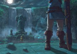 Rule 34 | 1boy, artist name, beige pants, blue shirt, boots, brown footwear, cloud, commentary, english commentary, flower, forest, grass, head out of frame, in water, likovacs, link, master sword, moon, nature, night, nintendo, outdoors, pants, princess zelda, scenery, shirt, sky, standing, statue, the legend of zelda, the legend of zelda: breath of the wild, tree, tunic, water, waterfall, watermark, weapon, web address