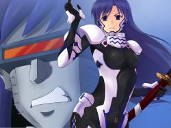 Rule 34 | &gt;:(, 1girl, alternate costume, armor, assault visor, blue eyes, blue hair, bodysuit, breasts, clenched teeth, cosplay, covered navel, cowboy shot, dual persona, faulds, fortified suit, frown, gauntlets, gloves, gorget, holding, holding weapon, idolmaster, idolmaster (classic), katana, kisaragi (mujin gattai kisaragi), kisaragi chihaya, long hair, looking at viewer, mecha, mitsurugi meiya, mitsurugi meiya (cosplay), mujin gattai kisaragi, muv-luv, pauldrons, pilot suit, robot, serious, sheath, sheathed, shoulder armor, shuri yashiki, small breasts, sword, teeth, v-shaped eyebrows, visor, weapon