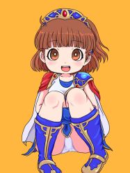 Rule 34 | 1girl, arle nadja, asymmetrical clothes, blush, boots, bright pupils, brown eyes, brown hair, cape, female focus, fxxk law, hair ornament, highres, madou monogatari, open mouth, panties, pauldrons, puyopuyo, simple background, single pauldron, sitting, skirt, solo, tiara, underwear, upskirt, white panties, white pupils, yellow background