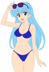 Rule 34 | 1990s (style), 1girl, absurdres, aqua hair, black background, breasts, female focus, hand up, highres, hip focus, legs, long hair, open mouth, purple eyes, retro artstyle, simple background, smile, solo, tenjouin katsura, thighs, third-party edit, vector trace, yat anshin uchuu ryokou