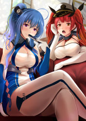 Rule 34 | 2girls, ahoge, azur lane, blue dress, blue gloves, blue hair, blush, breasts, brown eyes, cape, couch, crossed legs, dress, elbow gloves, gloves, hair between eyes, hand on own cheek, hand on own face, hat, honolulu (azur lane), indoors, kanzaki kureha, large breasts, long hair, looking at viewer, multiple girls, open mouth, peaked cap, ponytail, purple eyes, red hair, sidelocks, sitting, smile, st. louis (azur lane), thighhighs, thighs, twintails, two-tone dress, two-tone gloves, white dress, white gloves, white hat, white legwear