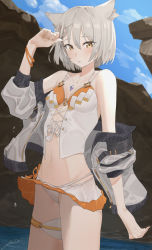 Rule 34 | 1girl, animal ears, bikini, blush, breasts, cat ears, cat girl, chest jewel, cleavage, collarbone, highres, jacket, looking at viewer, mia cbx, midriff, mio (xenoblade), navel, short hair, skirt, small breasts, solo, swimsuit, white hair, white jacket, xenoblade chronicles (series), xenoblade chronicles 3, yellow eyes
