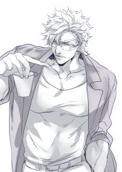 Rule 34 | 1boy, bespectacled, caesar anthonio zeppeli, cup, facial mark, glasses, holding, holding cup, jacket, jojo no kimyou na bouken, male focus, muscular, muscular male, partially colored, purple jacket, s gentian, solo