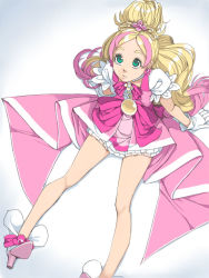 Rule 34 | 1girl, akinbo (hyouka fuyou), arm support, bad id, bad pixiv id, blonde hair, bow, cure flora, earrings, gloves, go! princess precure, green eyes, haruno haruka, jewelry, long hair, looking up, magical girl, multicolored hair, pink hair, precure, sitting, solo, streaked hair, two-tone hair, waist bow, white gloves