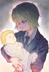 Rule 34 | 1boy, absurdres, androgynous, baby, baby carry, black suit, blonde hair, carrying, formal, highres, holding baby, hunter x hunter, kurapika, long sleeves, male focus, necktie, scene reference, short hair, smile, solo, suit, tomaton (t 0), upper body