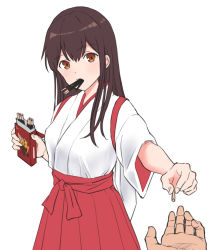 Rule 34 | 1girl, akagi (kancolle), brown eyes, brown hair, commentary, cowboy shot, food, food in mouth, hakama, hakama skirt, holding, holding food, japanese clothes, kantai collection, kurage1, long hair, looking at viewer, pocky, red skirt, simple background, skirt, solo focus, straight hair, tasuki, valentine, white background