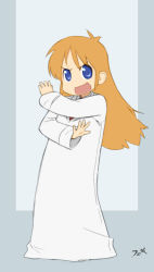 Rule 34 | &gt;:d, :d, blonde hair, blue eyes, child, commentary, crossed arms, feguimel, lab coat, laughing, long hair, looking at viewer, nichijou, open mouth, oversized clothes, professor shinonome, signature, smile, solo, standing, steins;gate, two-tone background, v-shaped eyebrows