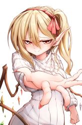 Rule 34 | 1girl, absurdres, blonde hair, cowboy shot, crystal, darjeeling (reley), fang, fingernails, flandre scarlet, foreshortening, hair ribbon, highres, looking at viewer, pointy ears, red eyes, ribbed sweater, ribbon, side ponytail, simple background, solo, sweater, touhou, vampire, white background, white sweater, wings