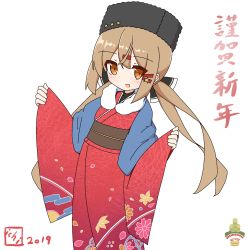 Rule 34 | 1girl, alternate costume, black bow, black hat, blue shawl, blush, bow, brown eyes, brown hair, fur hat, hair between eyes, hair bow, hat, highres, ichi (ichi.colors), japanese clothes, kantai collection, kimono, long hair, looking at viewer, low twintails, open mouth, papakha, shawl, simple background, solo, tashkent (kancolle), twintails, white background, yukata