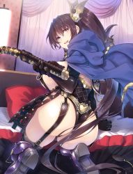 Rule 34 | 1girl, absurdres, ass, black hair, breasts, curtains, high school dxd, highres, himejima akeno, huge breasts, lamp, long hair, looking back, miyama-zero, ponytail, purple eyes, revealing clothes, shoes, smile, whip