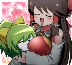 Rule 34 | 2girls, between breasts, blush, bow, breasts, brown hair, closed eyes, closed mouth, colored skin, commentary request, cookie (touhou), daiyousei, detached sleeves, diyusi (cookie), face between breasts, frilled bow, frilled hair tubes, frills, green hair, hair bow, hair tubes, hakurei reimu, head between breasts, heart, kusaremix, large breasts, long hair, medium hair, multiple girls, necktie, noel (cookie), open mouth, ponytail, red bow, red shirt, shirt, sleeveless, sleeveless shirt, touhou, upper body, white shirt, white skin, white sleeves, yellow bow, yellow necktie, yuri