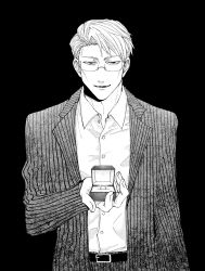 Rule 34 | 1boy, 96gomaice, belt, box, collared shirt, cowboy shot, formal, glasses, greyscale, highres, holding, holding box, jewelry, jujutsu kaisen, looking at viewer, male focus, monochrome, nanami kento, parted lips, pinstripe pattern, pinstripe suit, ring, ring box, shirt, short hair, solo, standing, striped, suit