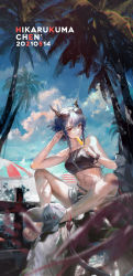 Rule 34 | 1girl, absurdres, arknights, artist name, bare legs, bare shoulders, baseball cap, beach, bikini, black bikini, blue hair, breasts, ch&#039;en (arknights), ch'en (arknights), character name, commentary, dated, day, daylightallure, dragon girl, dragon horns, dragon tail, earphones, eyewear on head, female tourist c (arknights), food, full body, grey hat, hair between eyes, hat, highres, holding, holding food, horns, long hair, looking at viewer, medium breasts, navel, official alternate costume, outdoors, popsicle, red eyes, sandals, sitting, solo, stomach, sunglasses, swimsuit, tail, unworn headwear, watch, wristwatch