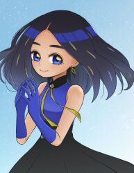 Rule 34 | 1girl, aged down, black hair, black skirt, blue background, blue eyes, blue gloves, blue shirt, blush, closed mouth, commentary request, creatures (company), earrings, eyelashes, game freak, geeta (pokemon), gloves, hands up, jewelry, long hair, natadepopo, neck ribbon, nintendo, own hands together, pokemon, pokemon sv, ribbon, shirt, skirt, sleeveless, sleeveless shirt, smile, solo, yellow ribbon