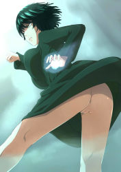 Rule 34 | 1girl, ass, black hair, bouncing breasts, breasts, censored, dress, from below, fubuki (one-punch man), green eyes, highres, large breasts, legs, long dress, long sleeves, looking away, mosaic censoring, no panties, one-punch man, parted lips, pussy, serious, short hair, simple background, solo, standing, thighs, upskirt, wind