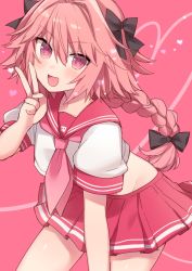 Rule 34 | 1boy, astolfo (fate), astolfo (sailor paladin) (fate), bad id, bad twitter id, braid, fate/apocrypha, fate/grand order, fate (series), hair intakes, hair ribbon, karokuchitose, long hair, looking at viewer, male focus, neckerchief, official alternate costume, one eye closed, open mouth, pink hair, pleated skirt, purple eyes, ribbon, school uniform, serafuku, single braid, skirt, solo, trap, v